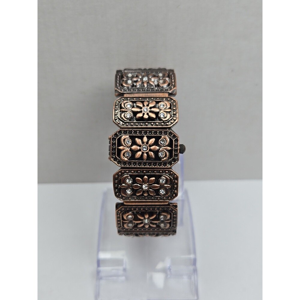 Mondu Hidden Dial Rhinestone Flower Cuff Bracelet Watch Womens New Battery Y2K